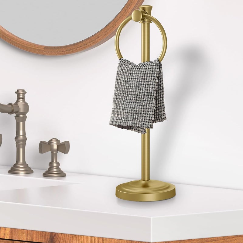 Hoimpro 17 Inch Stand Hand Towel Holder Towel Bar Towel Hanging Ring, Free Standing Floor Hand Towel Rack Storage for Bathroom Kitchen Vanity Countertops, Hardware Accessories(Brushed Gold) - Image 2
